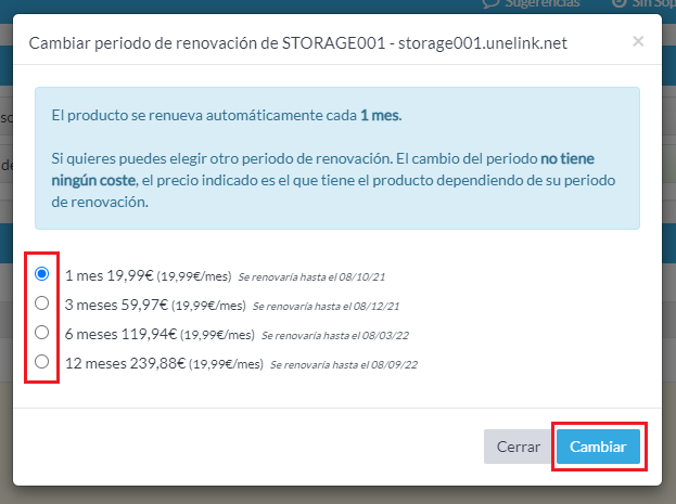 Cambiar el periodo de renovación de tus productos desde la Extranet de Cliente